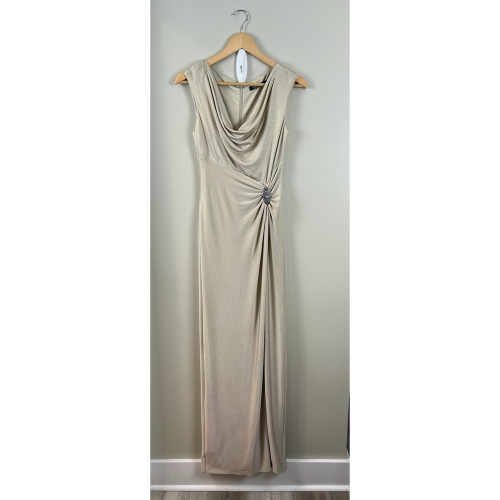 Lauren Ralph Lauren Sz 4 Metallic Champagne Dress Gown Lined Slit Formal Ruched‎